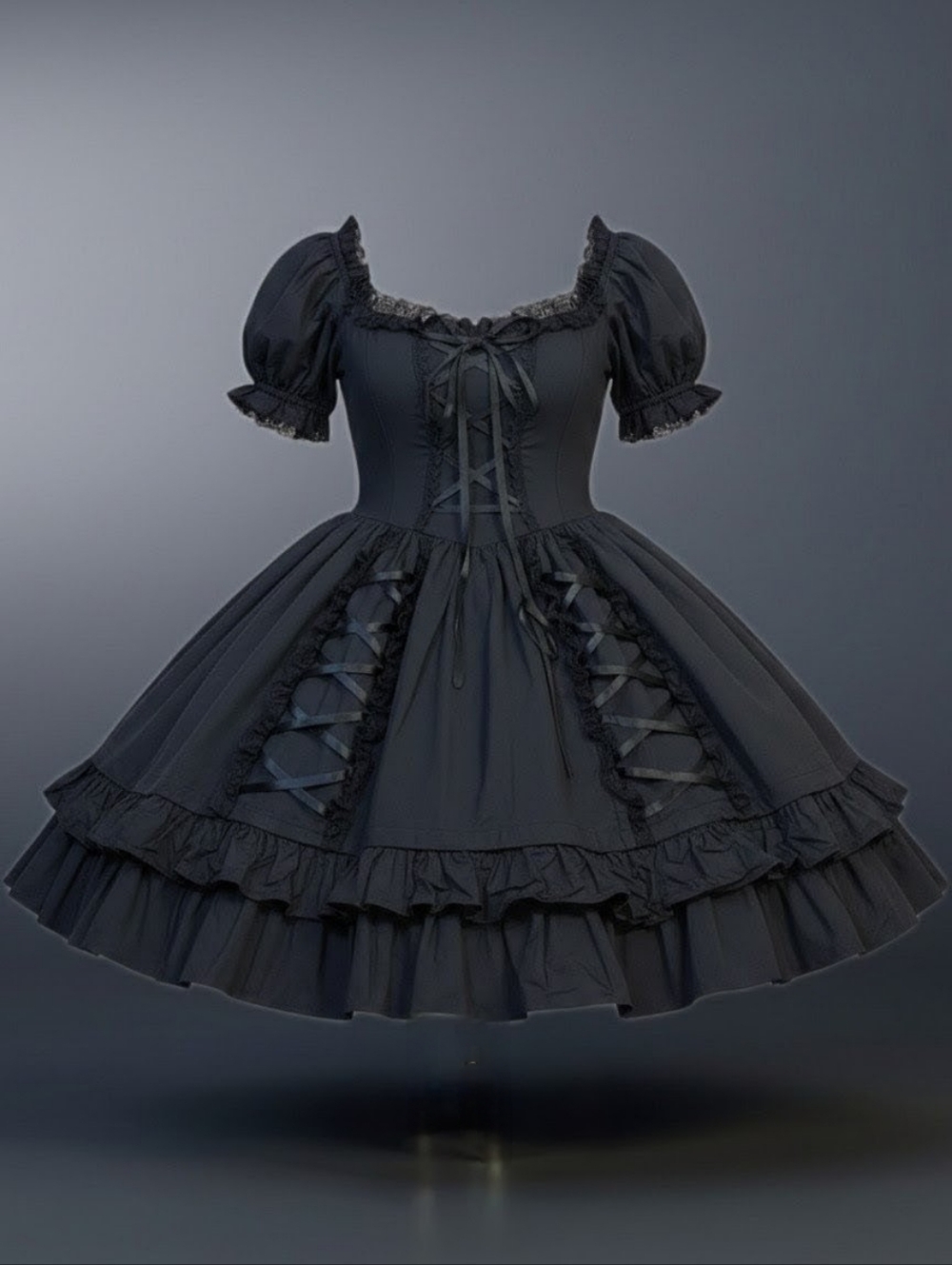 🖤GOTHIC  Princess! Black Puff Sleeve Lolita Dress with Lace-Up Details